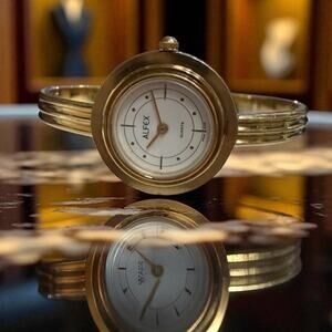 Vintage Alfex Swiss Quartz Watch Gold Bangle Art Deco Style 1980s Run Clean